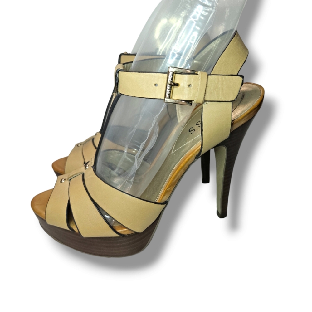 📌3for$10 Guess 7US Beige Platform High Heels Ankle Strap